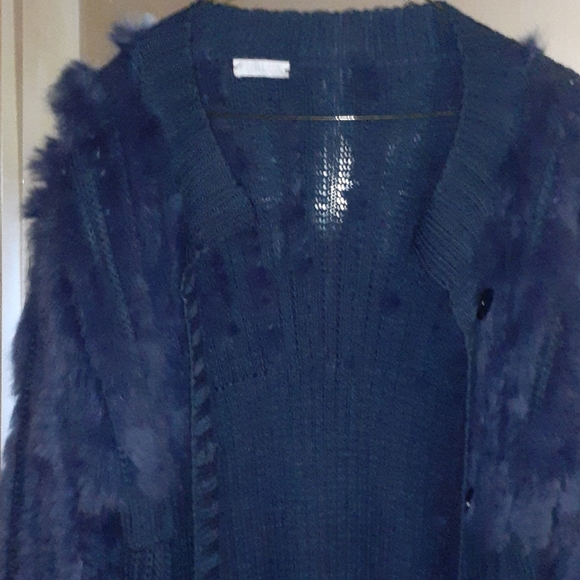 Blue sweater mid trench fur shoulder - Picture 2 of 2
